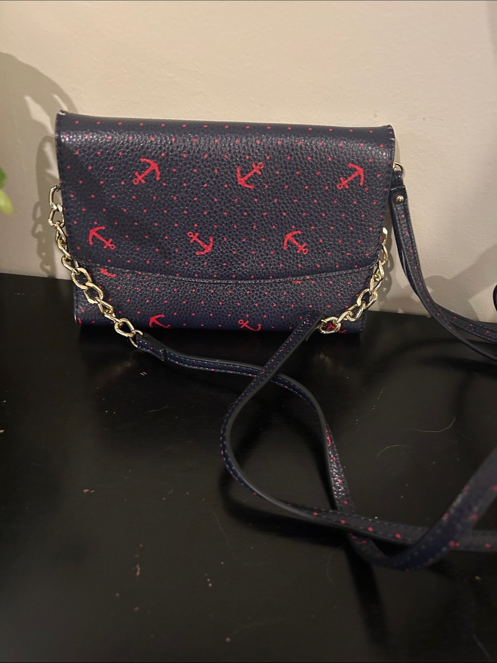 G.H. Bass & Co. Navy Crossbody Wallet with Red Anchor Motif